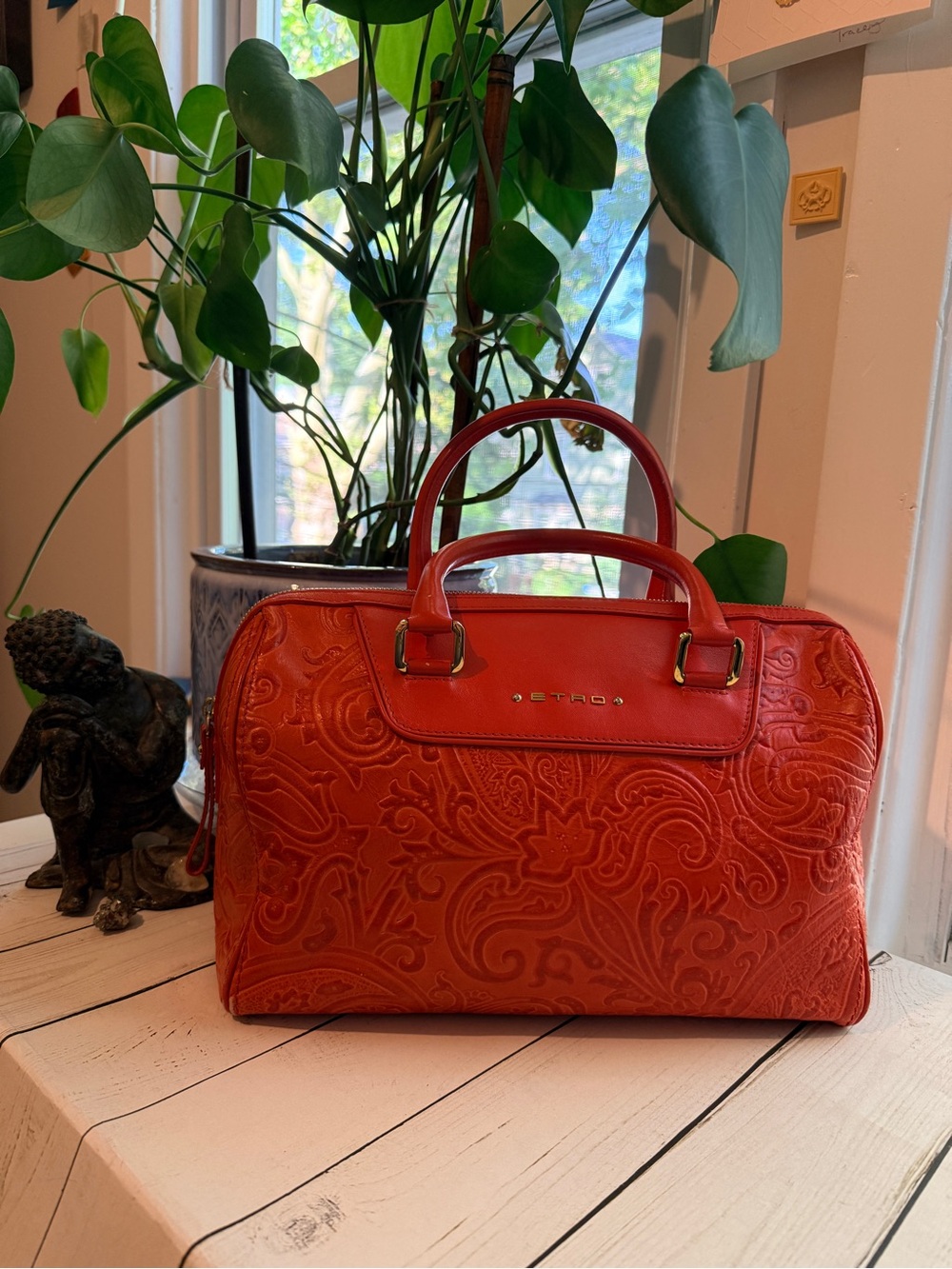 Etro Burnt Orange Paisley Embossed Leather Satchel Boston Bag 1E478-2364